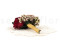 A romantic boutonniere in vibrant red tones, made with preserved flowers and foliage
